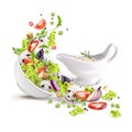 Overturned plate with fresh vegetable salad and gravy boat with sauce. Royalty Free Stock Photo